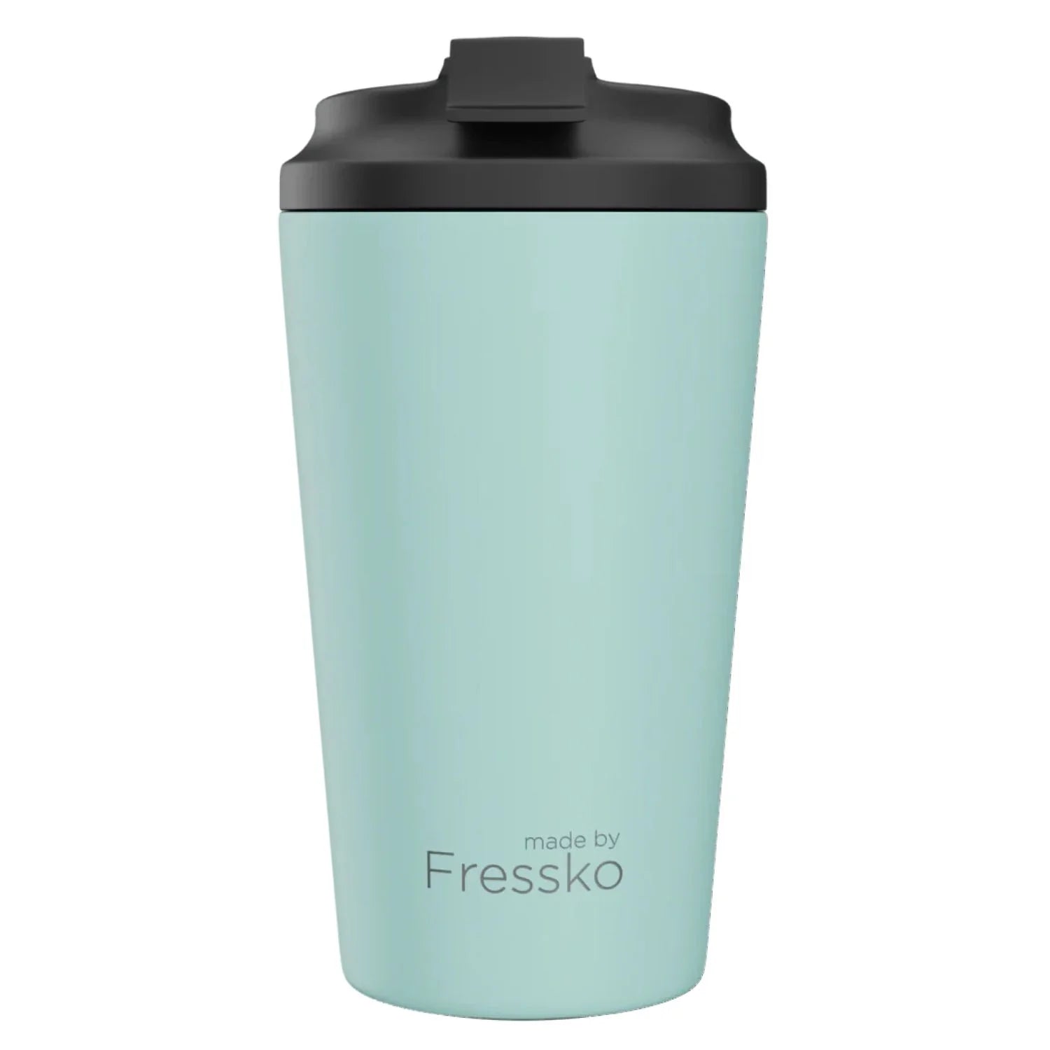 Mint green tumbler with black lid on a white background, branded 'made by Fressko'.