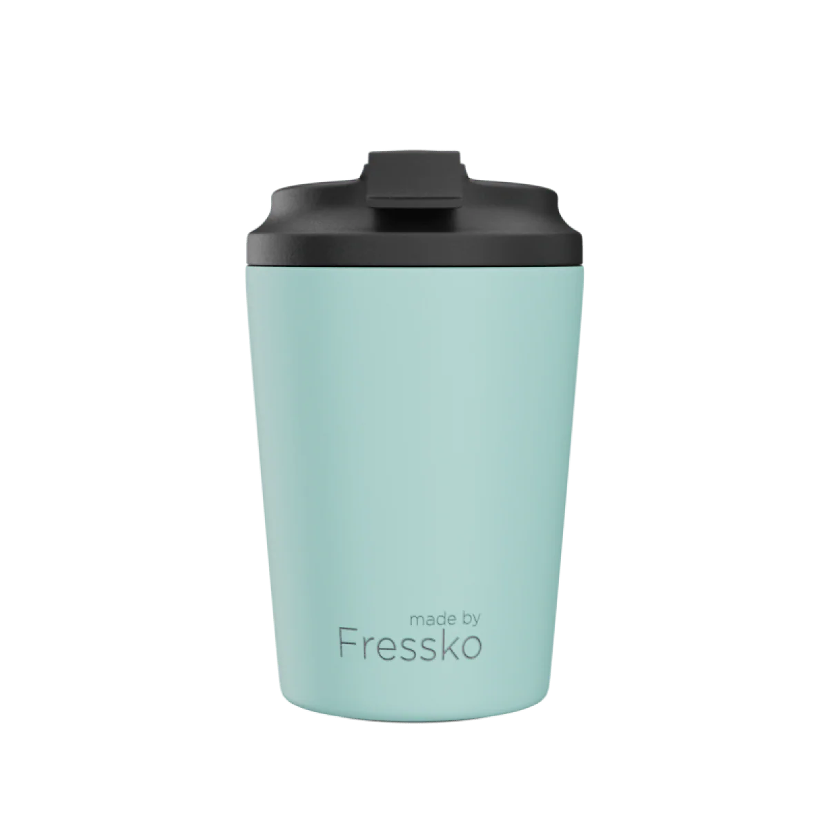 Light blue tumbler with black lid on a white background, branded 'made by Fressko'.