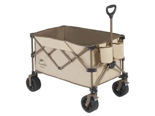 Beige and brown folding wagon with wheels on a white background