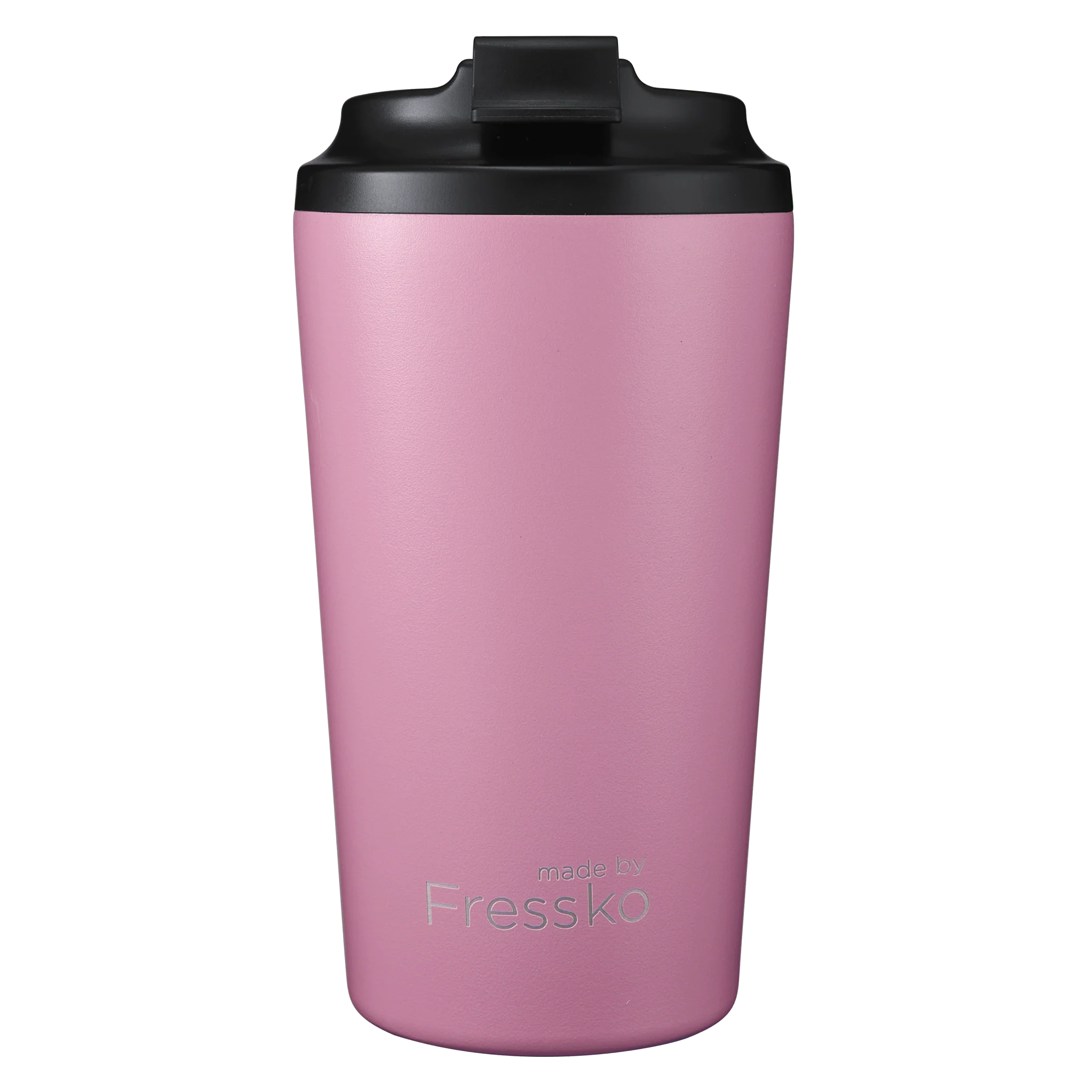 Pink tumbler with black lid on a white background