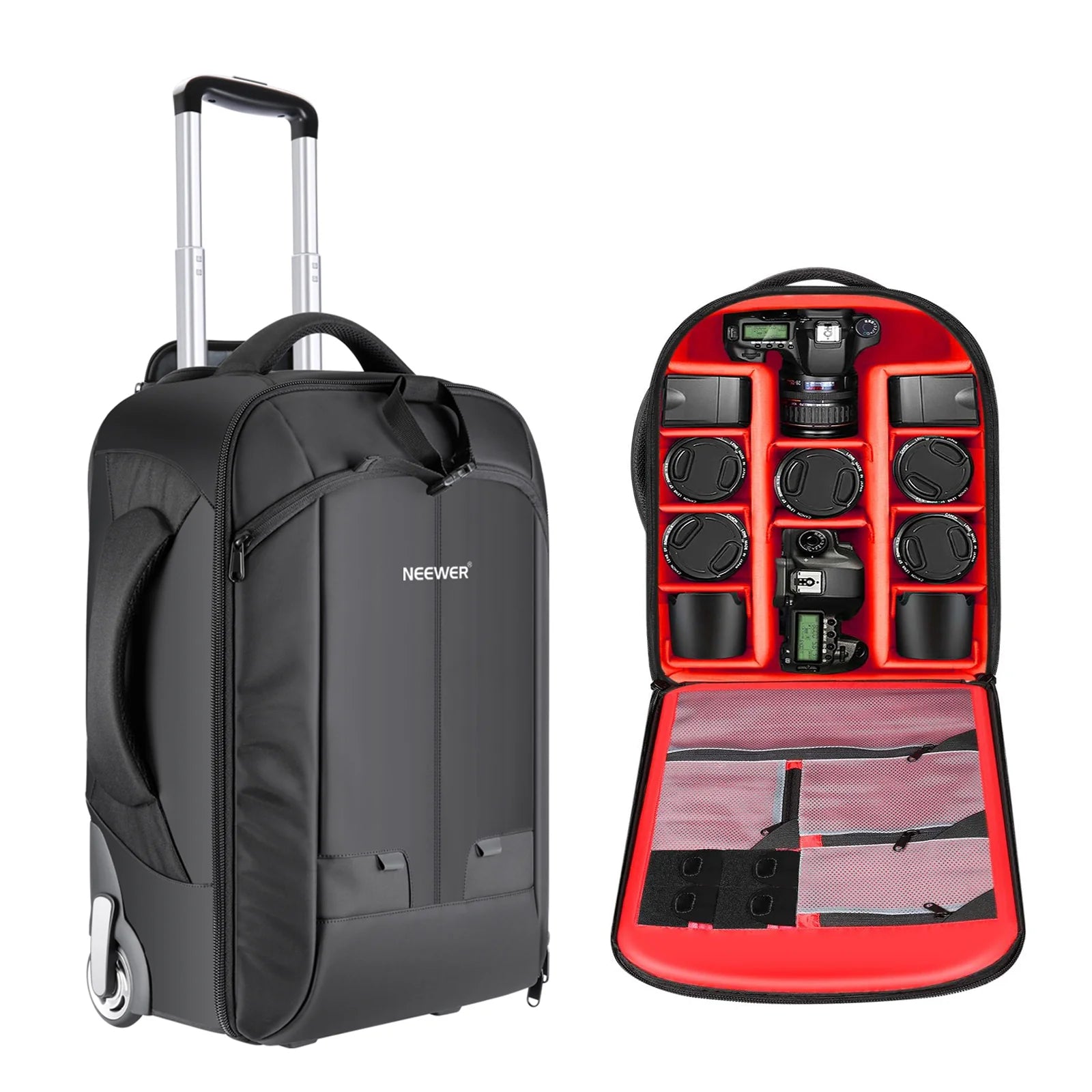 Black suitcase with 'Neewer' branding and an open red camera bag with compartments.