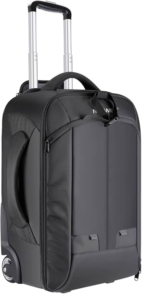 Black rolling suitcase with handle on a white background