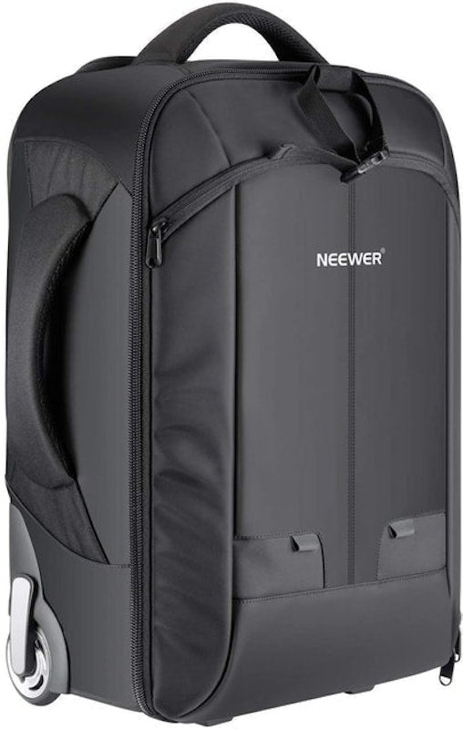 Black travel bag with wheels and 'Neewer' branding on a white background