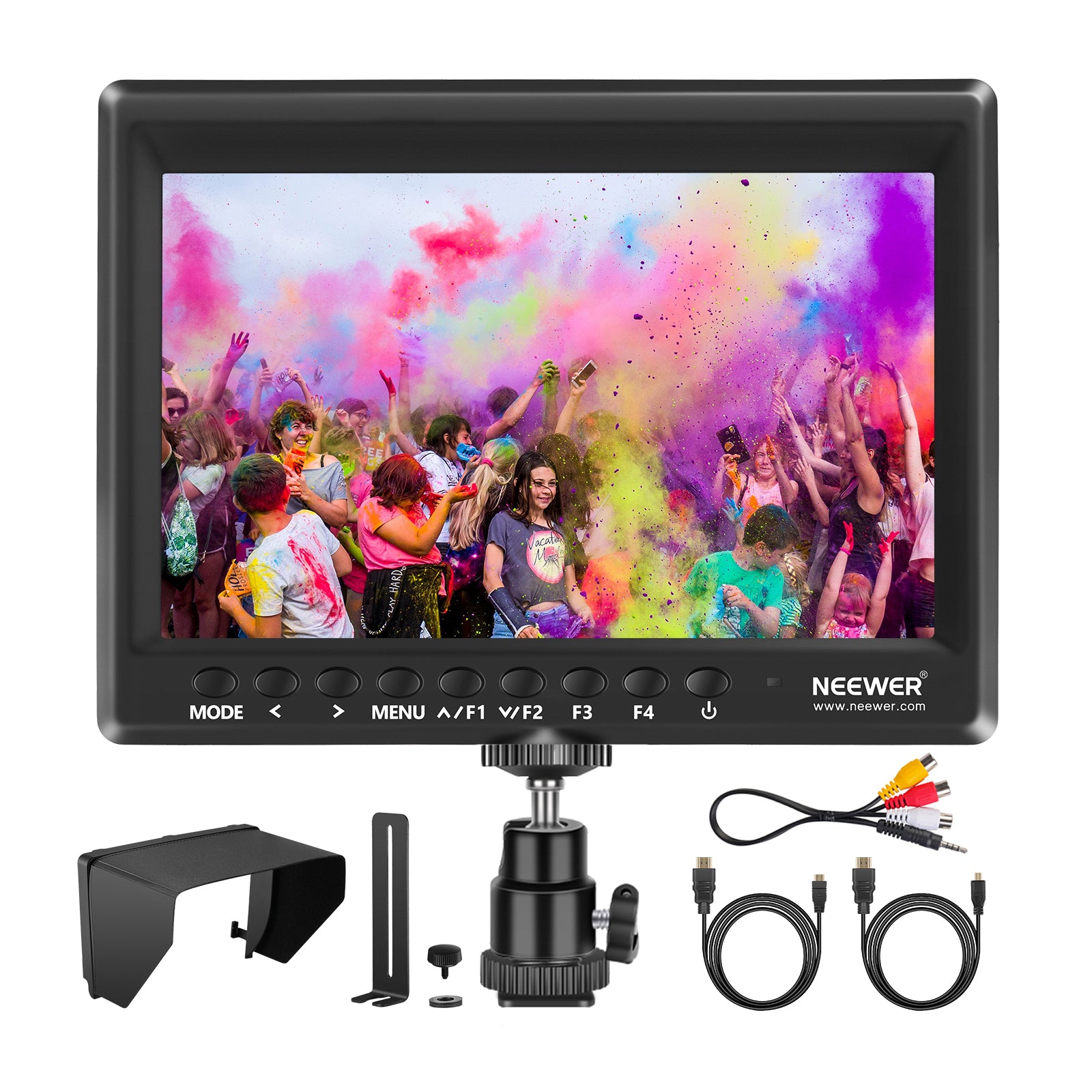 7-inch camera monitor with colorful display of people with colored powder, surrounded by accessories on a white background.