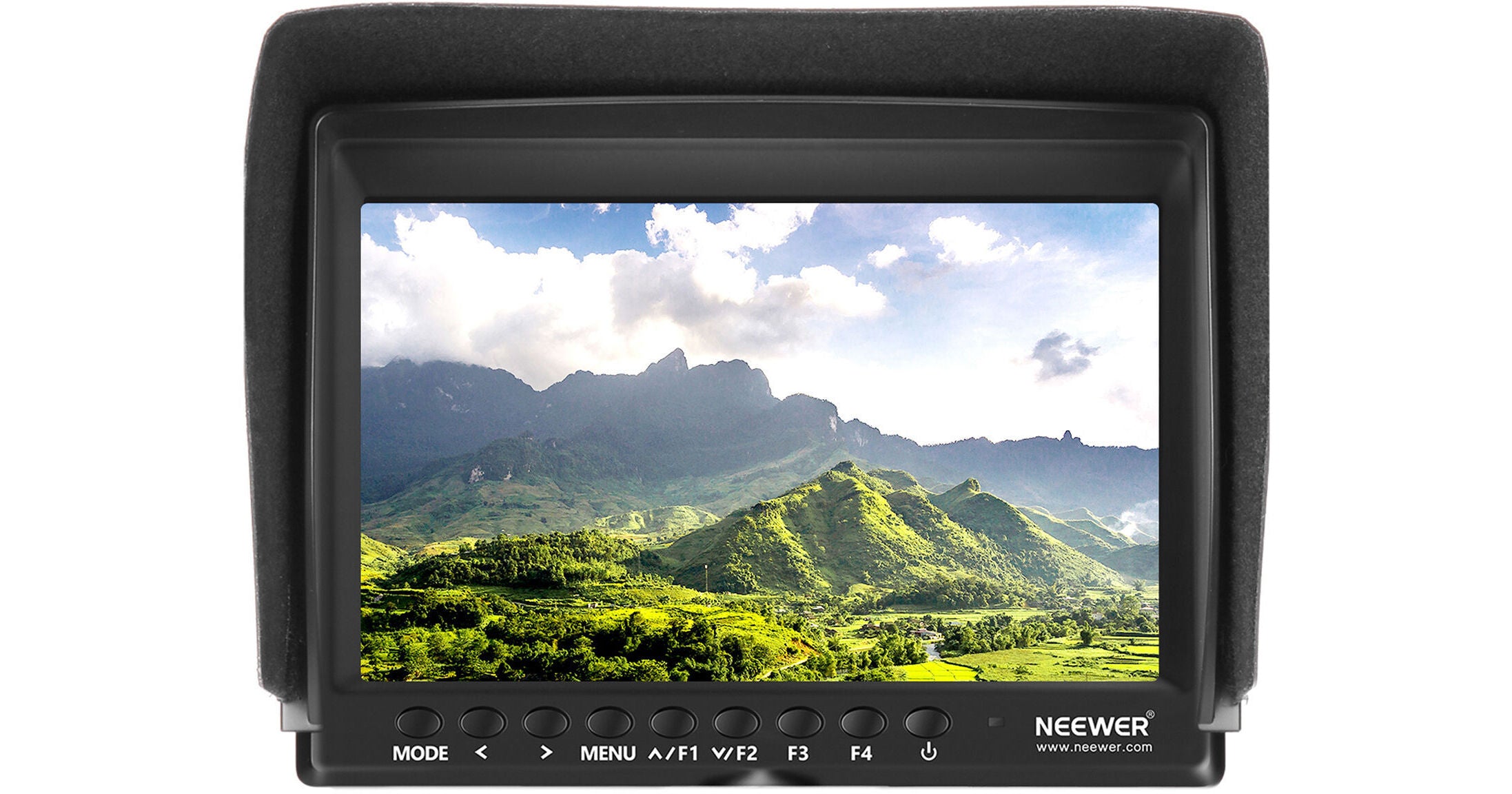Portable monitor displaying a mountain landscape with 'Neewer' branding