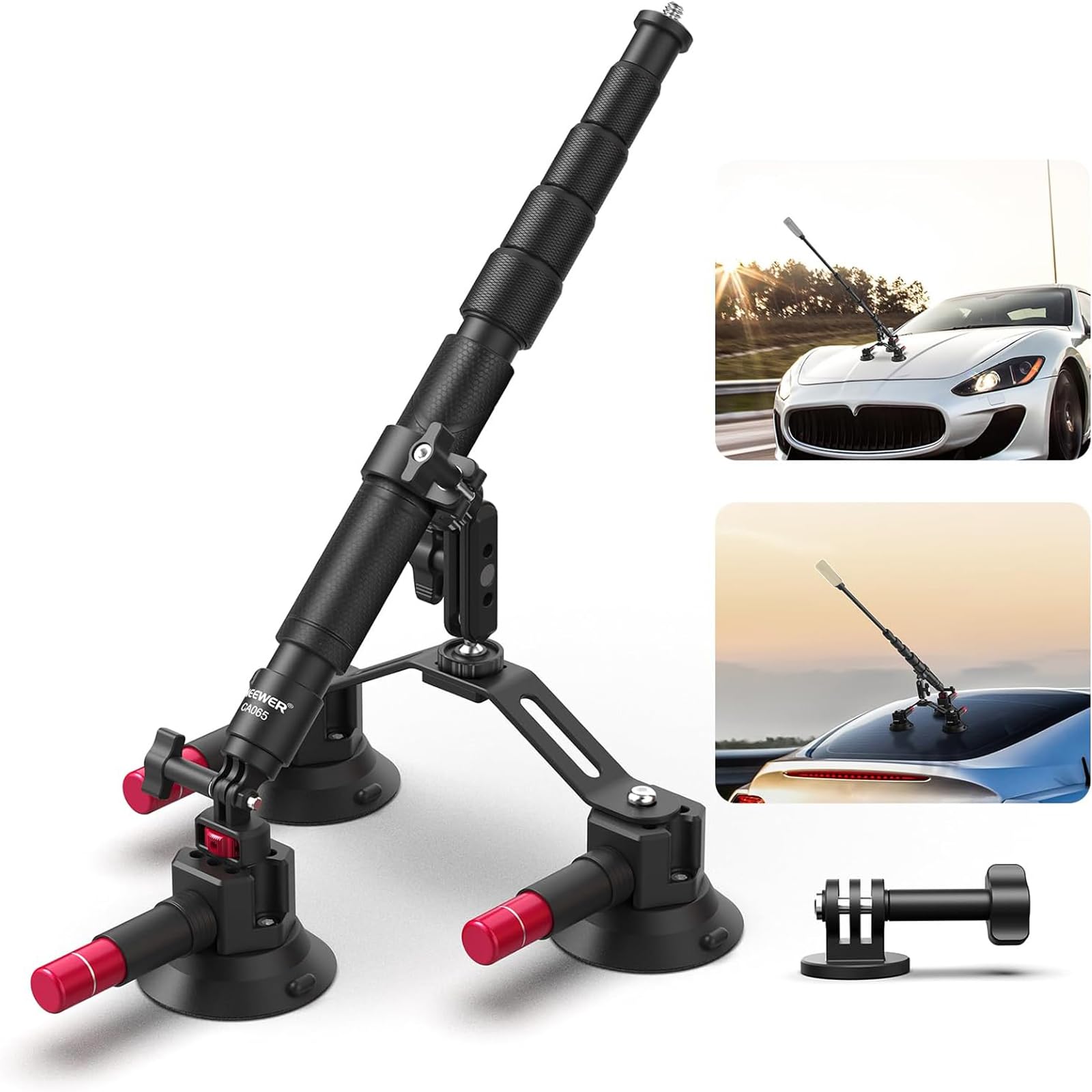 Car antenna mount with suction cups and additional components on a white background