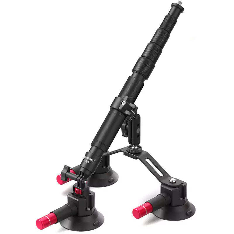 Black camera stabilizer with red accents on a white background