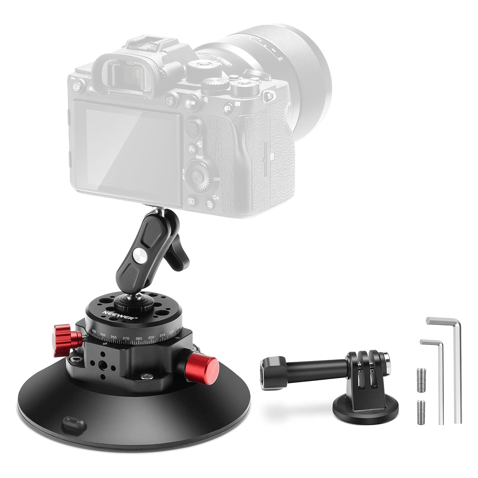 Camera mount with adjustable arm and quick release plate on a white background