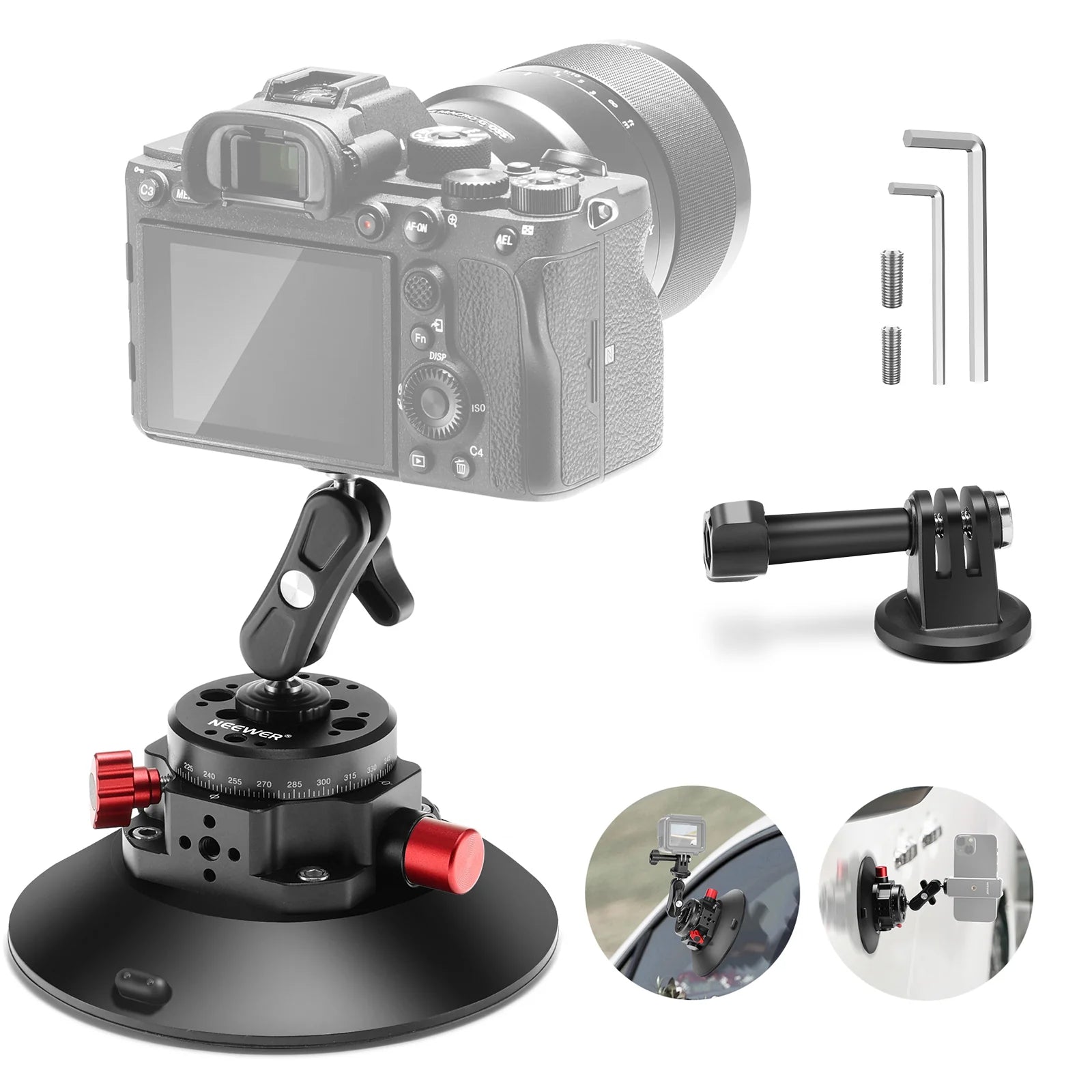 Camera with a tripod mount and additional accessories on a white background