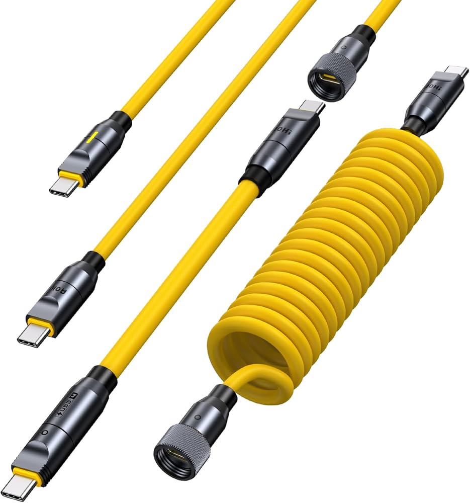 Yellow and gray cable with coiled design on a white background