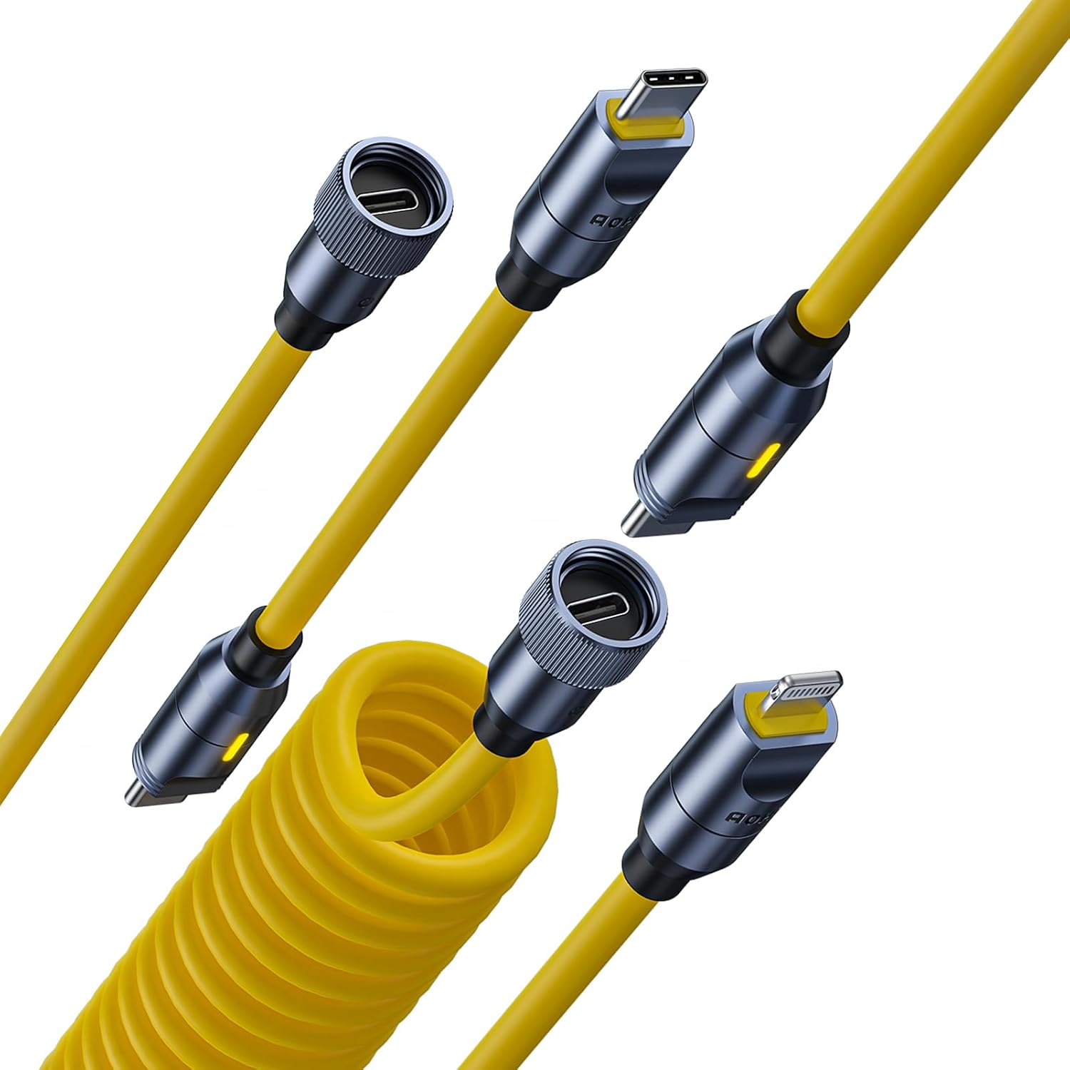 Yellow cables with various connectors on a white background