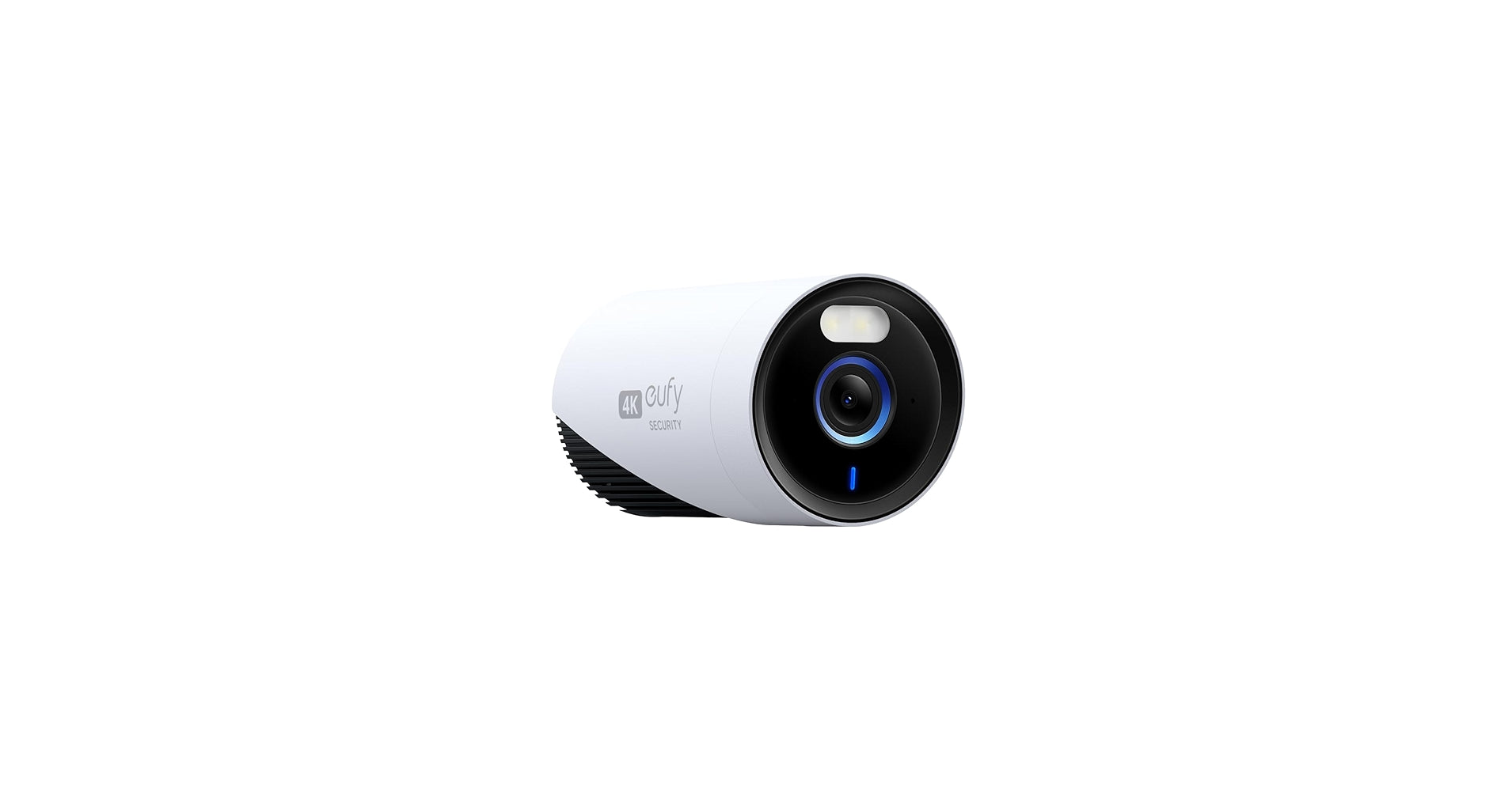 White security camera with black lens on a white background