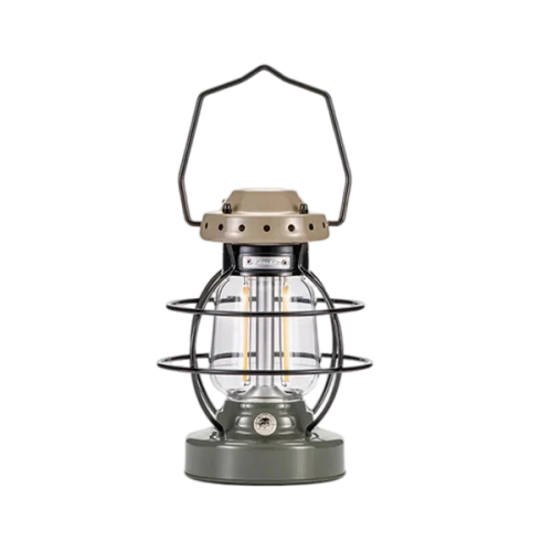 Vintage-style lantern with metal cage on a white background