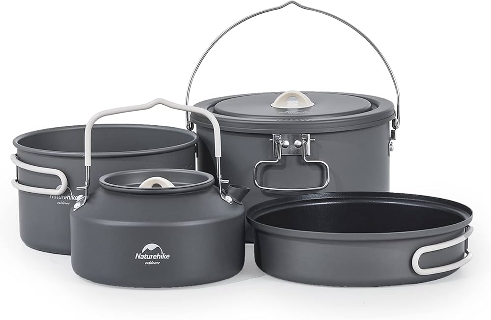 Set of gray camping cookware with 'Naturehike' branding on a white background
