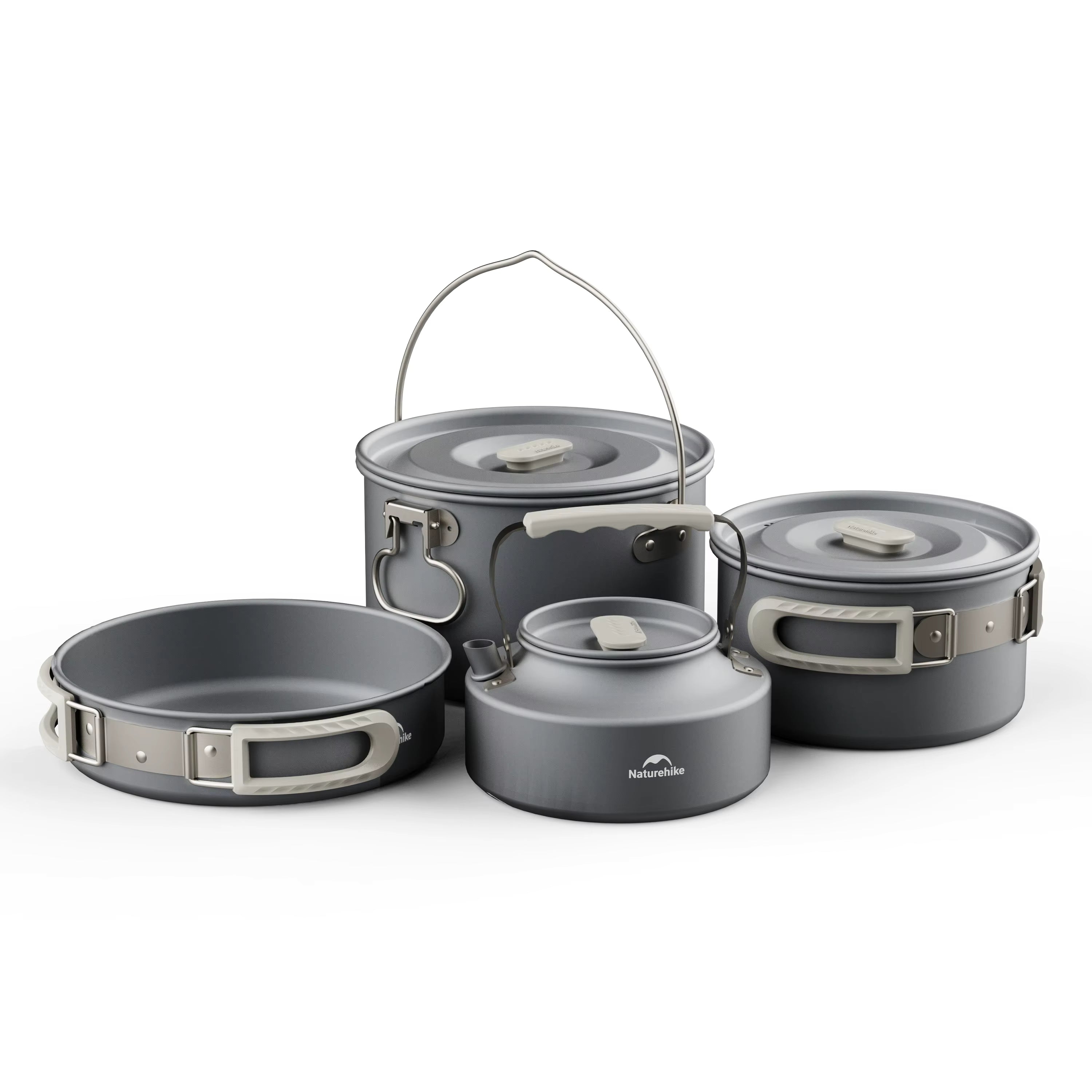 Set of gray camping cookware with handles on a white background