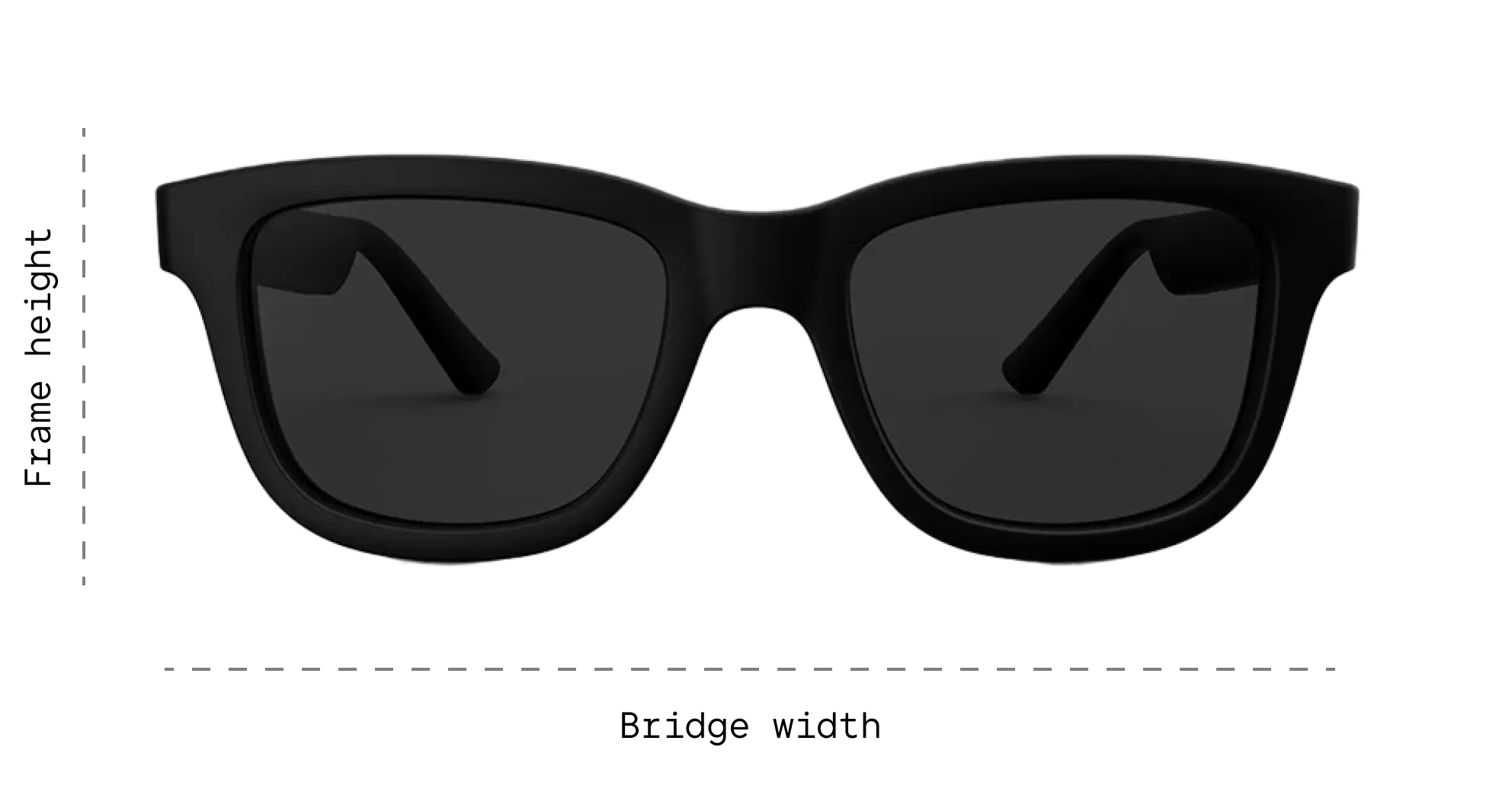 Black sunglasses with labeled frame height and bridge width on a white background