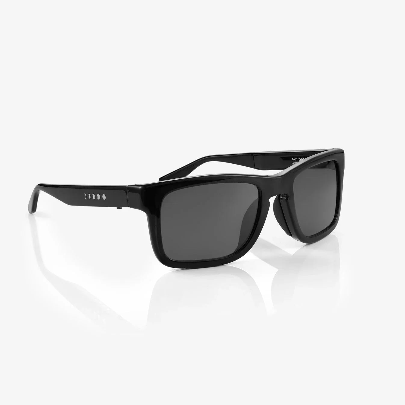 Black sunglasses with a reflective surface on a white background