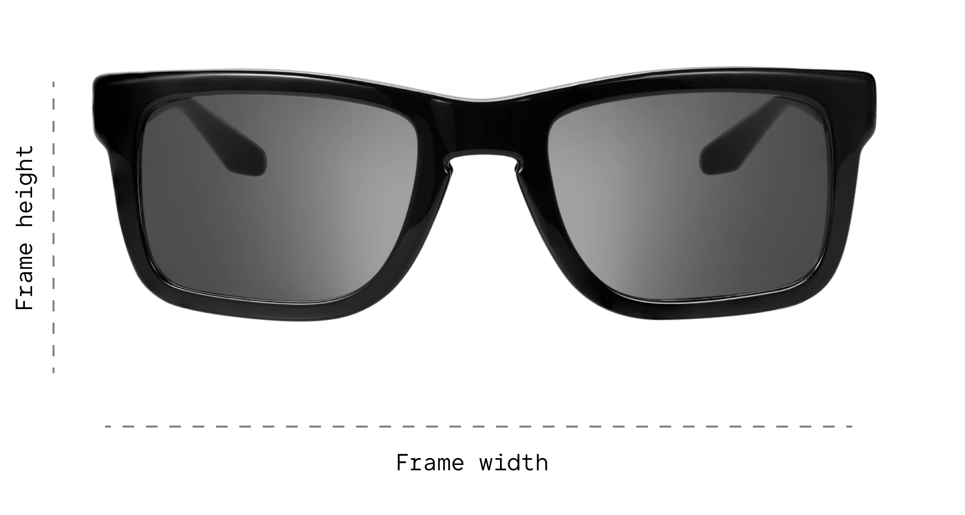 Black sunglasses with labeled frame height and width on a white background
