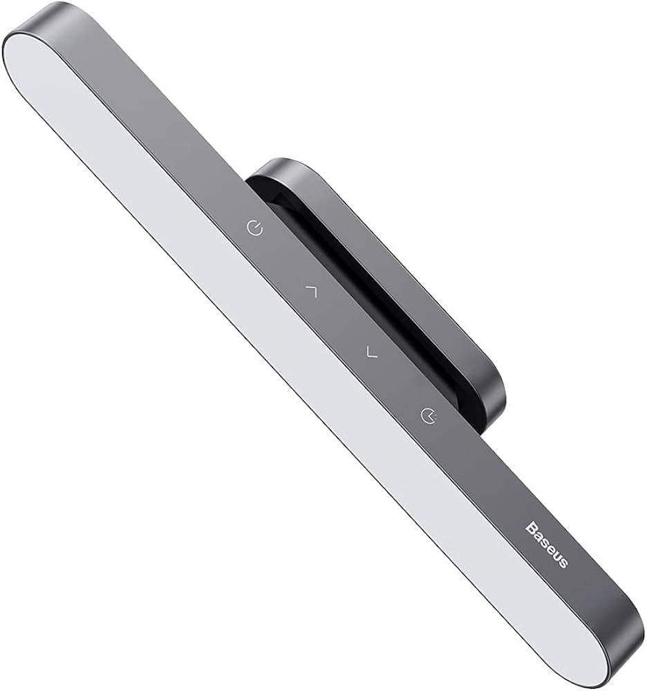 Silver and black desk lamp with BASEUS branding on a white background