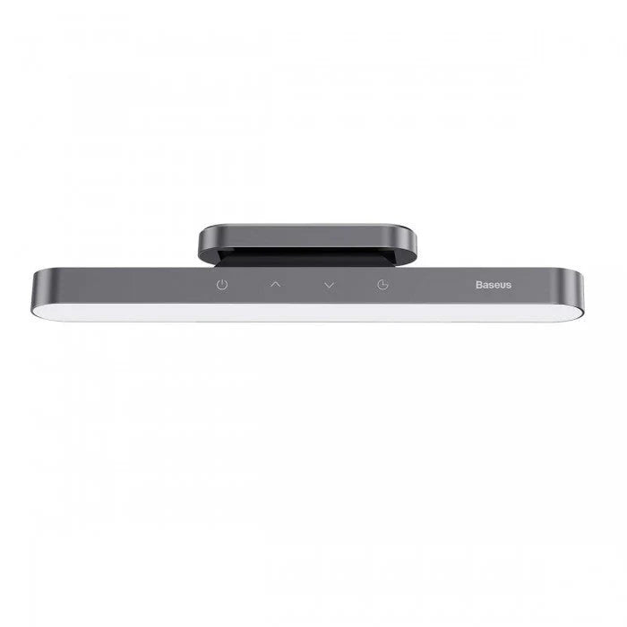 Gray LED light bar with control buttons on a white background