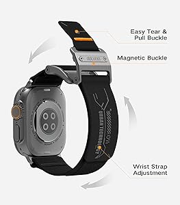 Smartwatch with a black band featuring magnetic buckle and wrist strap adjustment text.