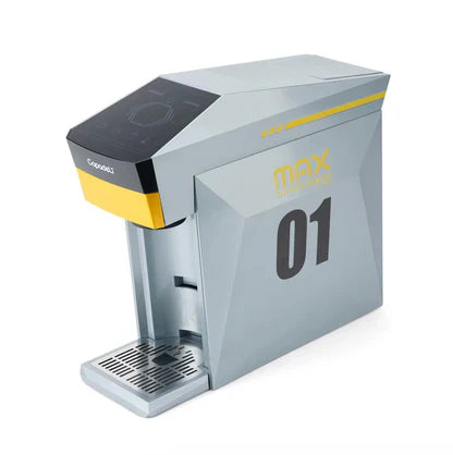 Modern coffee machine with 'max' and '01' branding on a white background