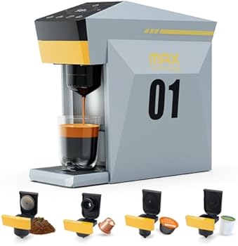 Coffee machine with a gray and yellow design, featuring a number '01' on the side, with coffee pods displayed below.