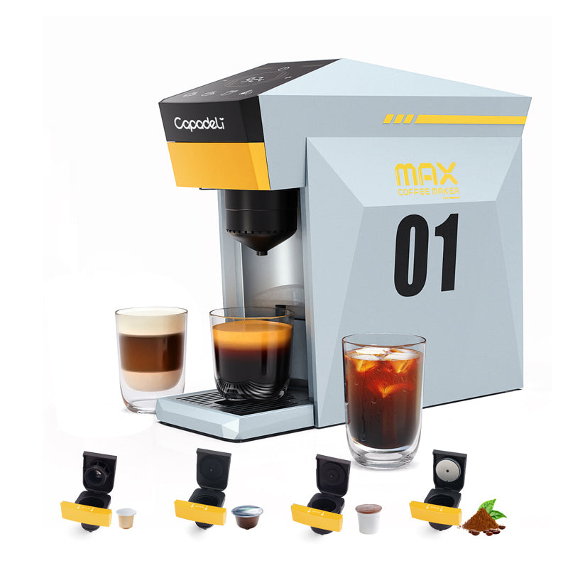 Capresso coffee machine with glasses of coffee and capsules on a white background