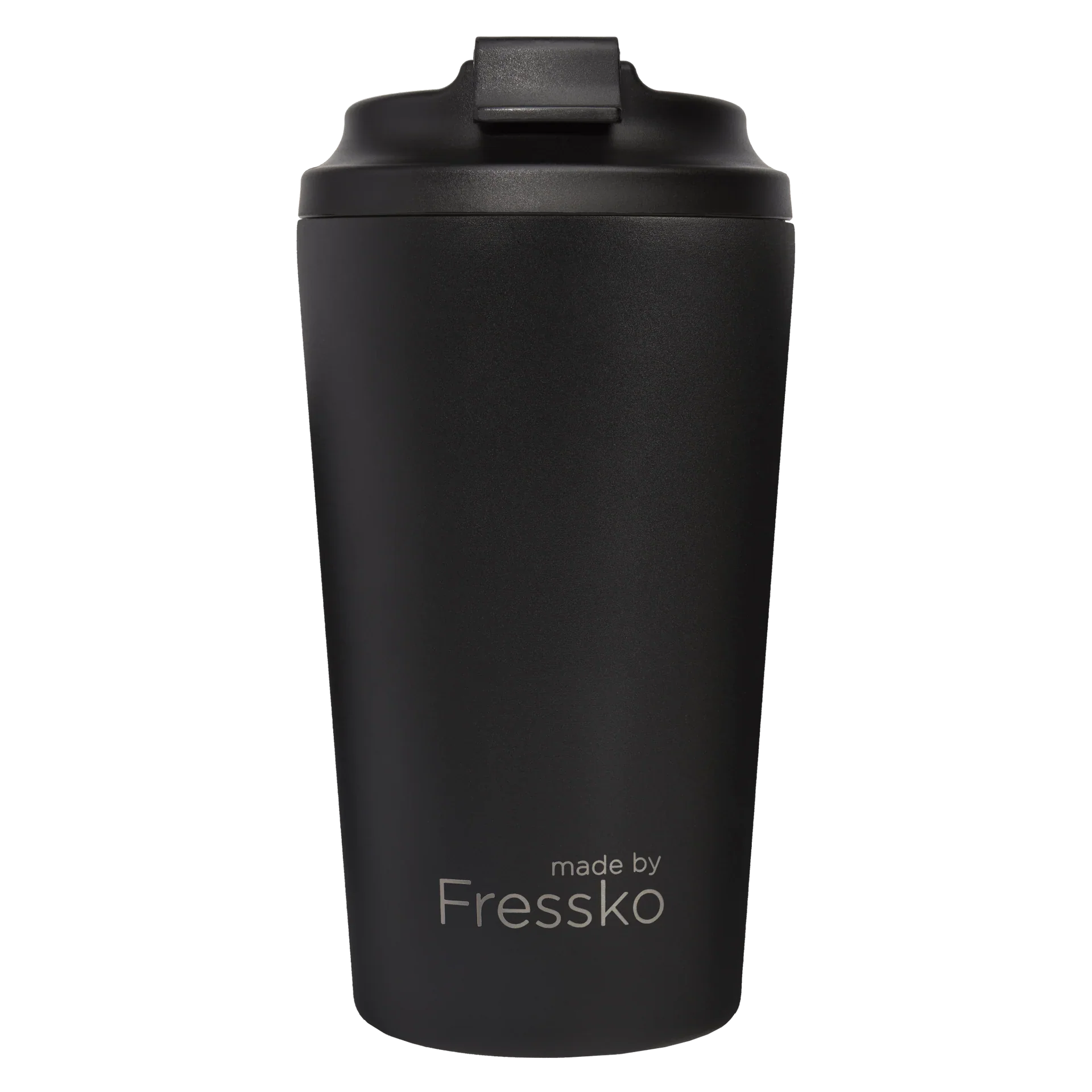 Black tumbler with a lid on a white background, branded 'made by Fressko'.