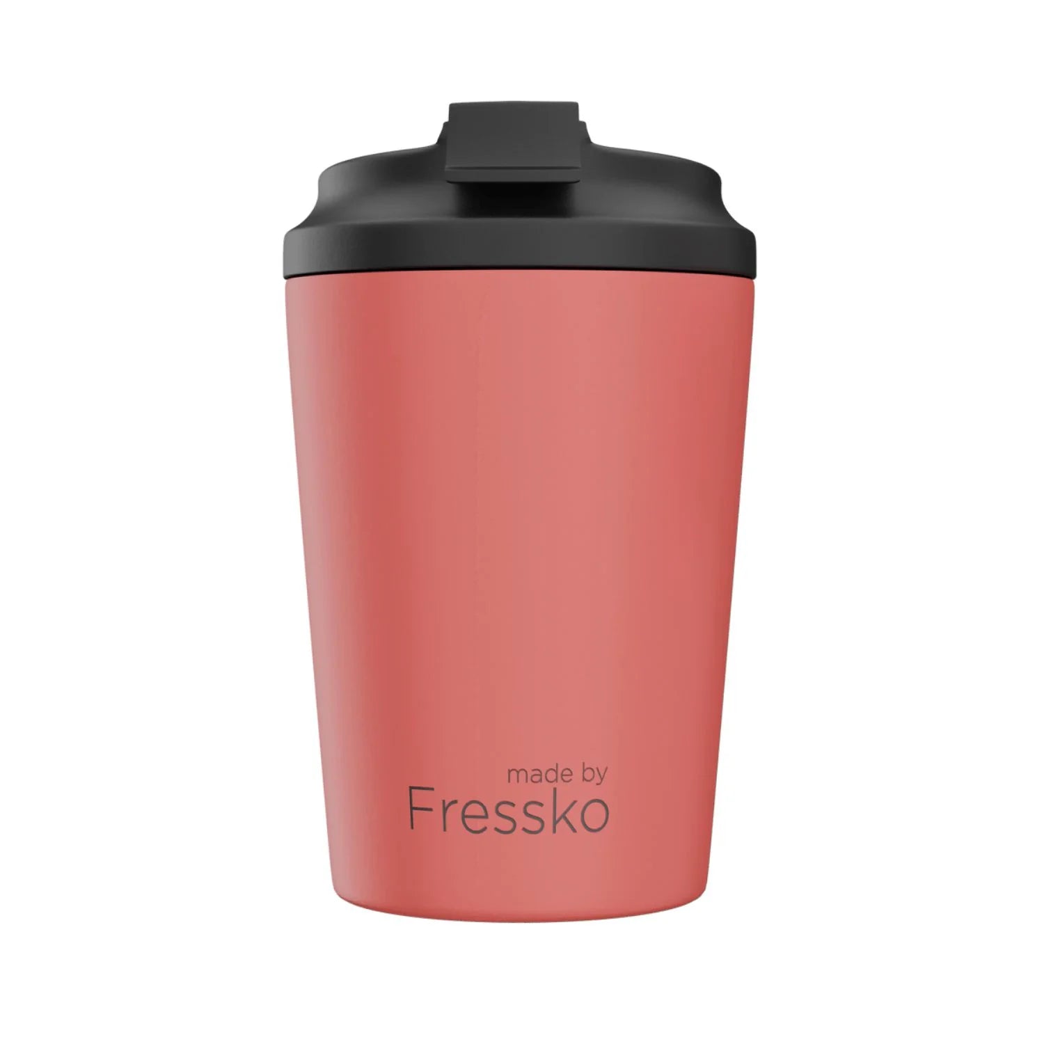 Pink tumbler with black lid on a white background, branded 'made by Fressko'.