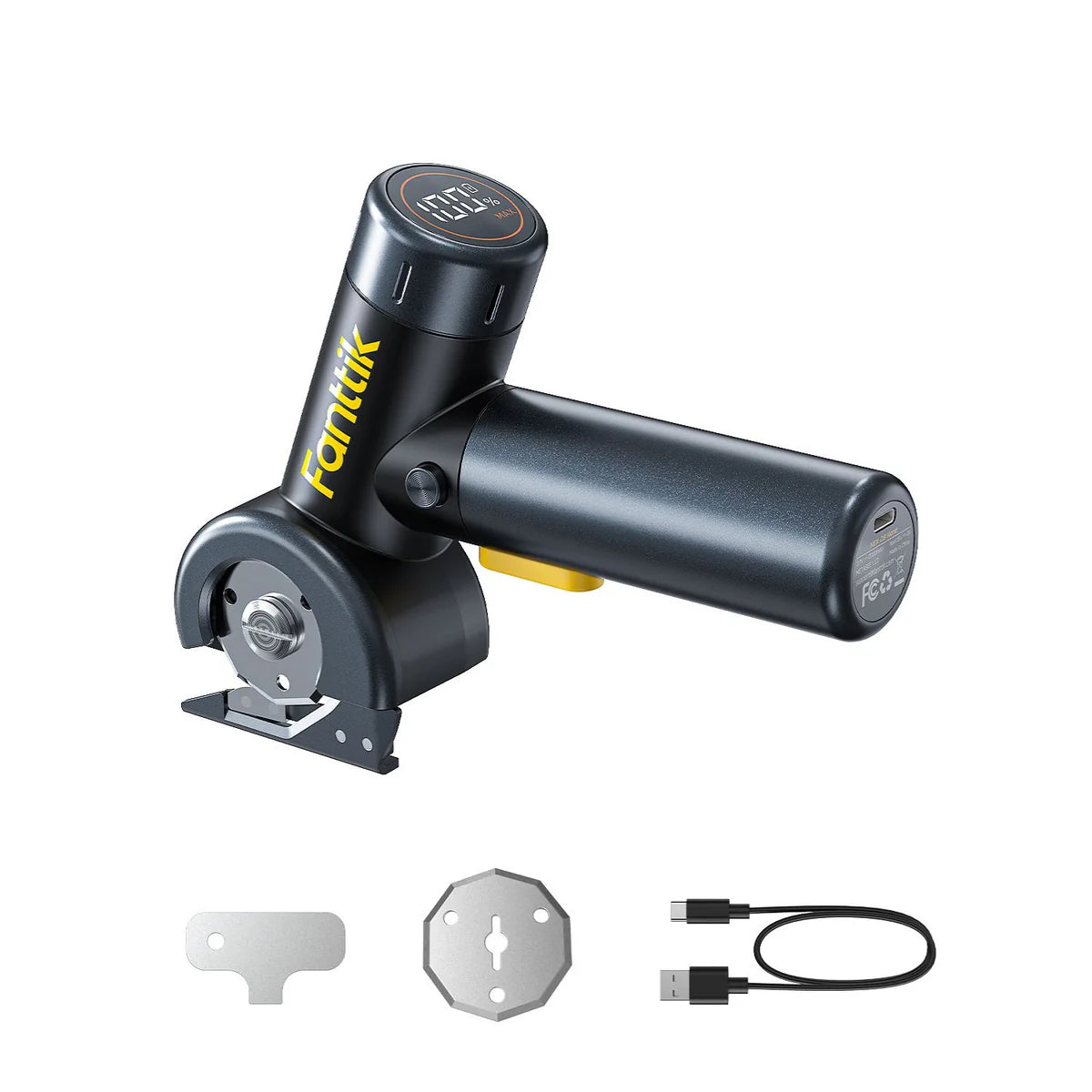 Black handheld tool with attachments on a white background