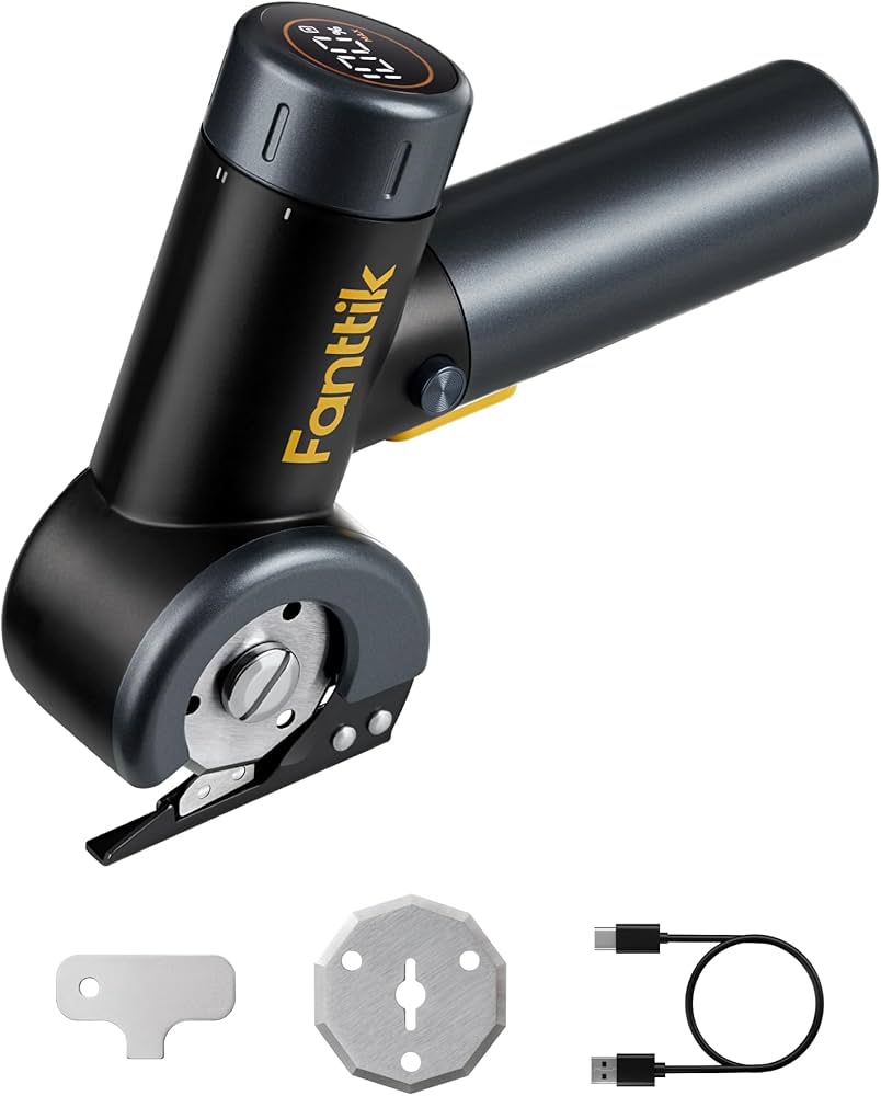 Black and yellow tool with accessories on a white background