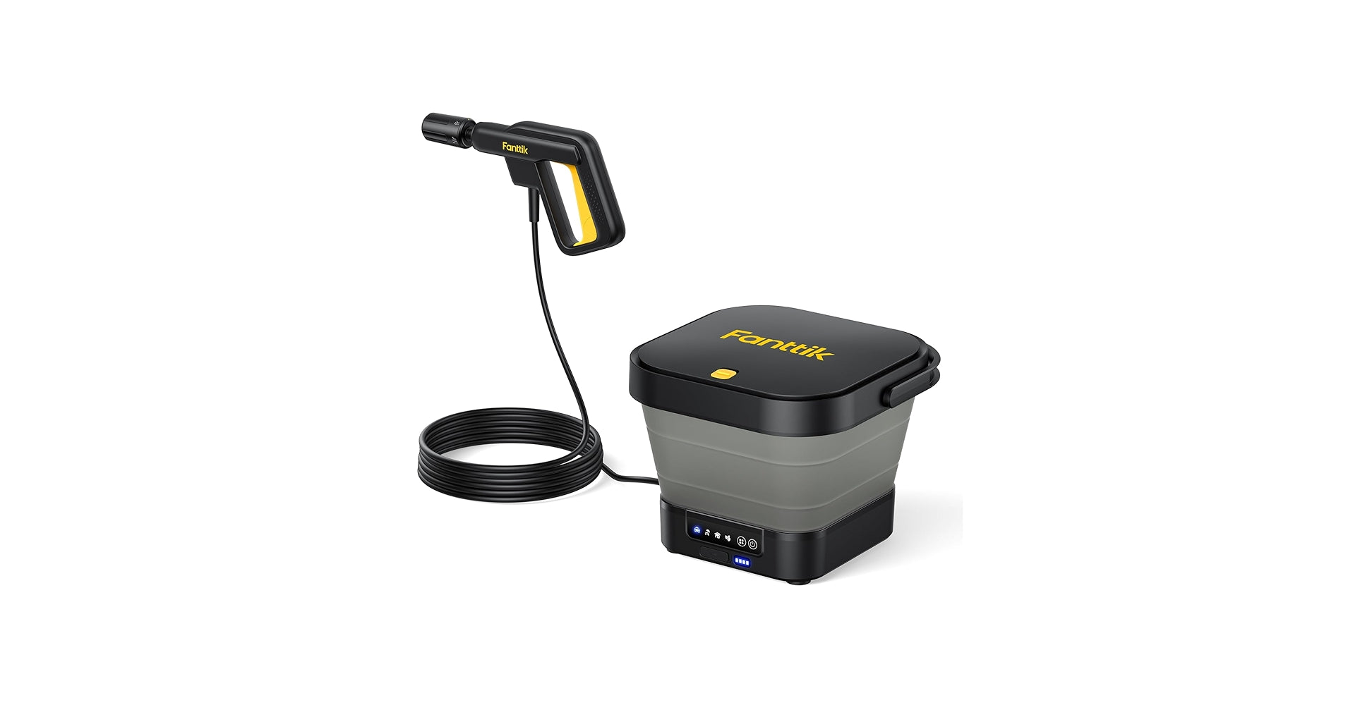 Portable pressure washer with lance and hose on a white background