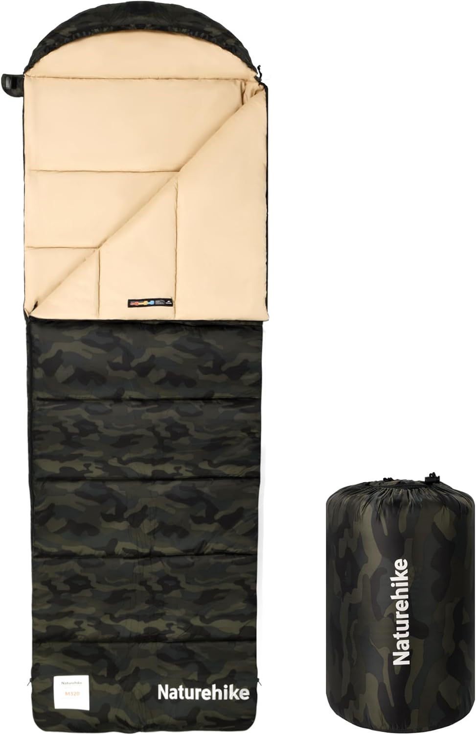 Camouflage-patterned sleeping bag with beige interior and Naturehike branding on a white background