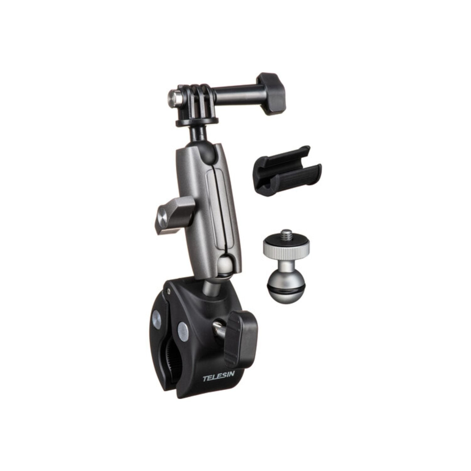 Camera mount with additional attachments on a white background
