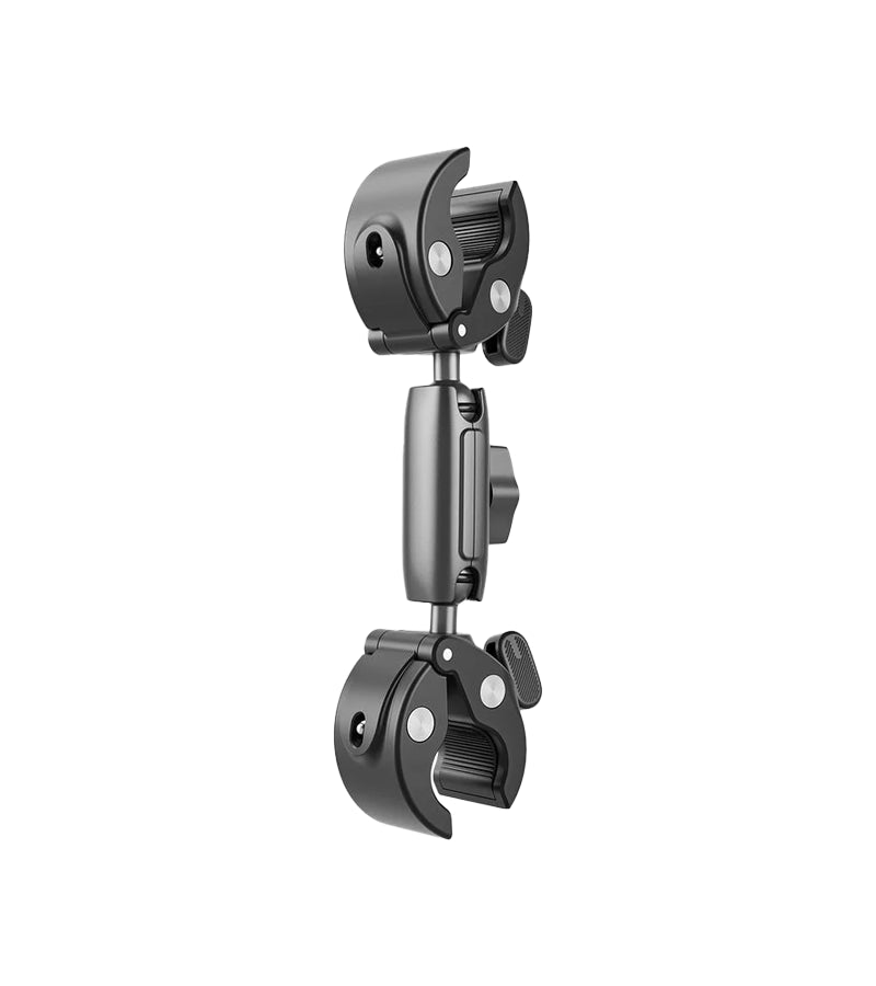 Black clamp with adjustable arm on a white background