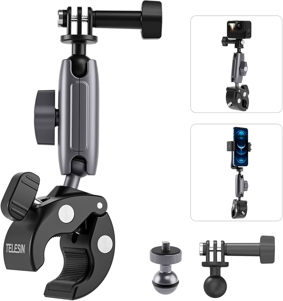 Telesin camera mount with multiple attachments on a white background