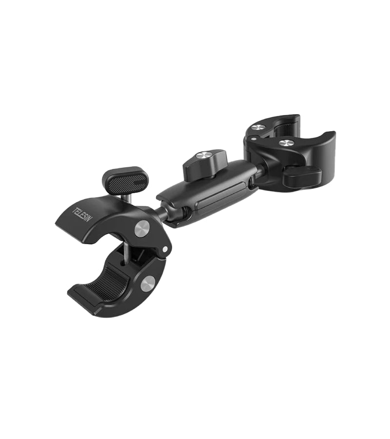 Black metal clamp or holder on a white background