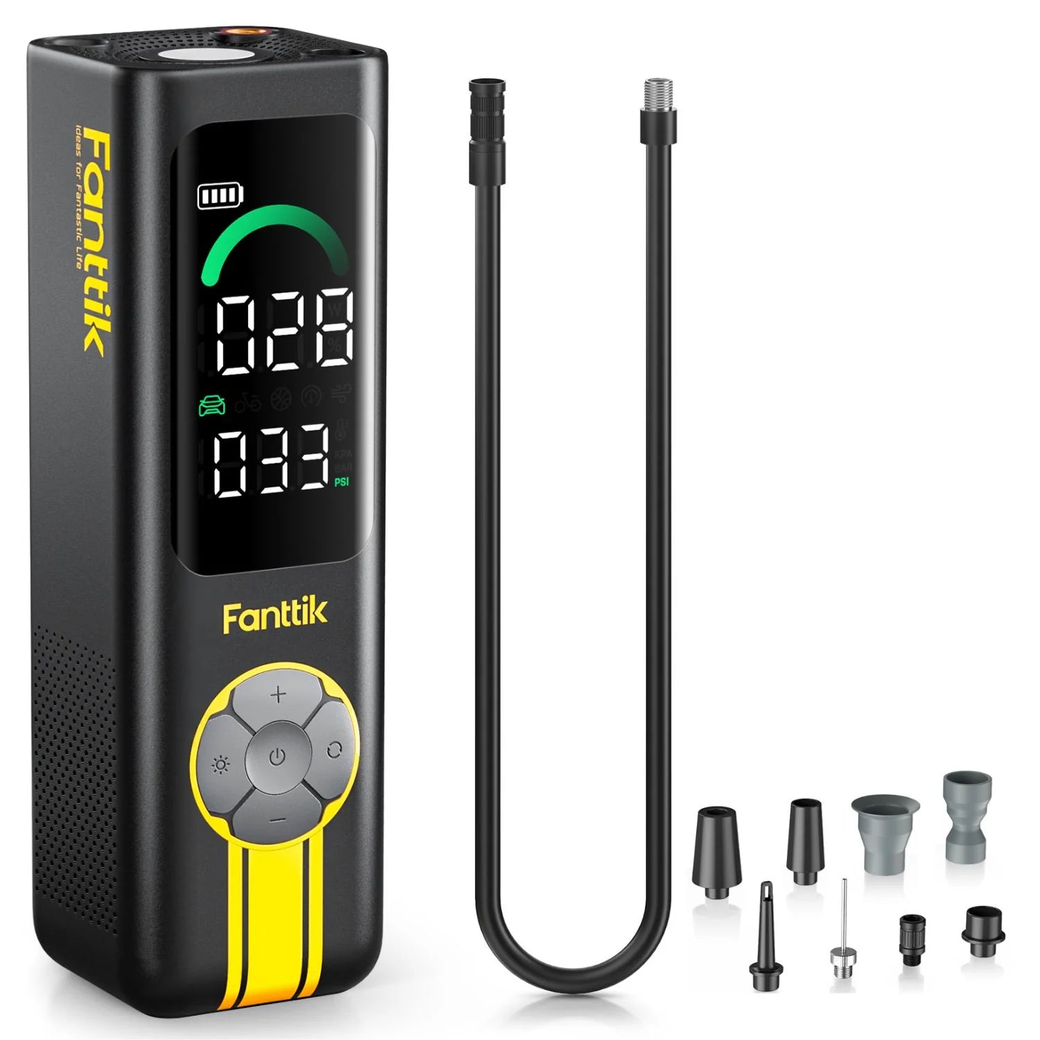 Fanttik digital air pump with attachments on a white background
