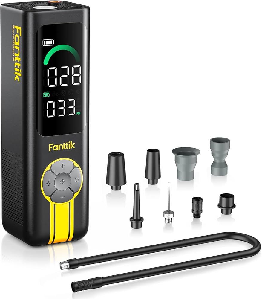 Fanttik digital air pump with various nozzles on a white background