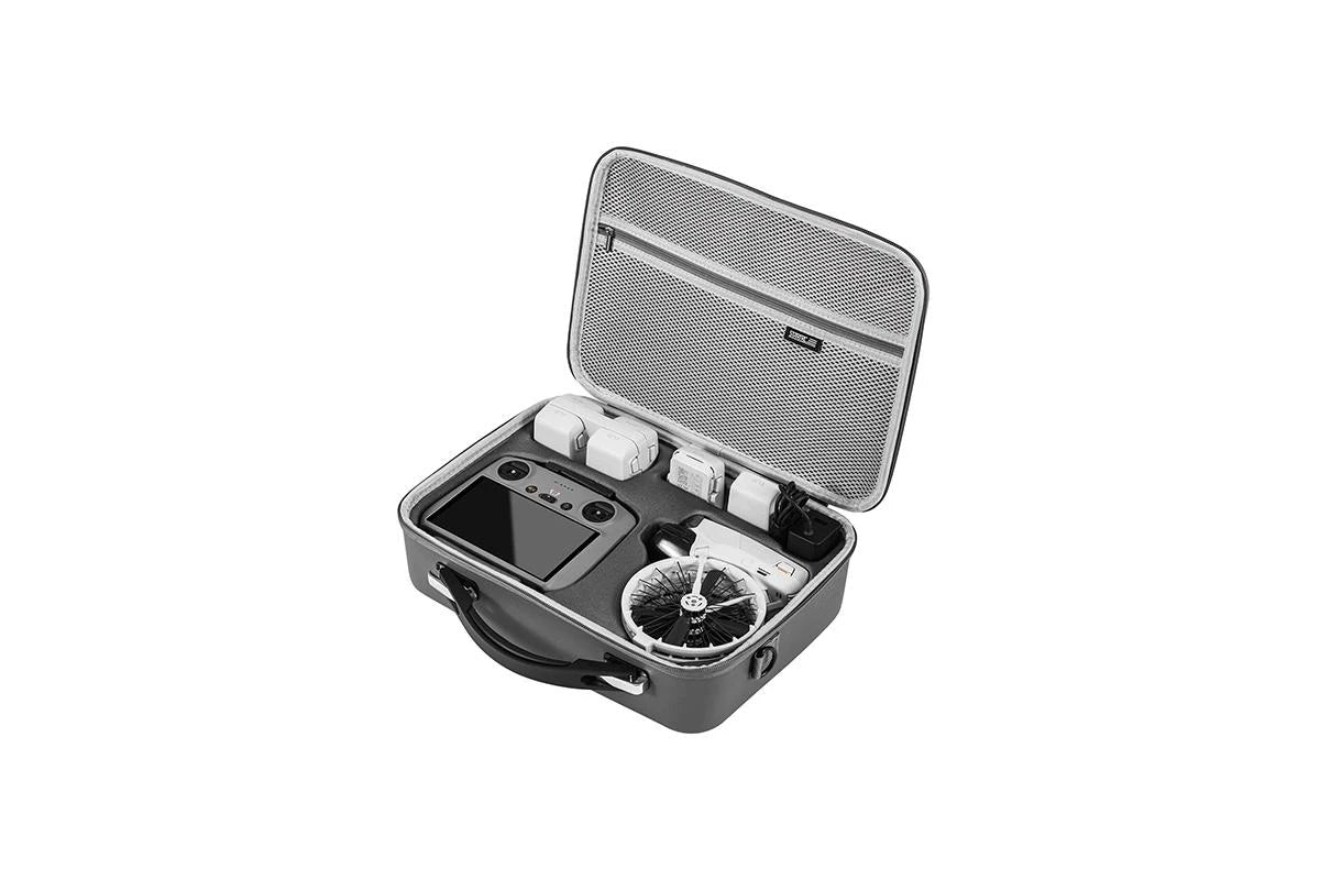 Portable drone with its case on a white background