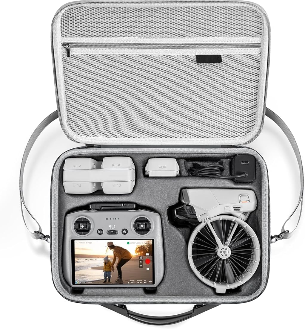 Open drone case with drone, remote control, and accessories on a white background