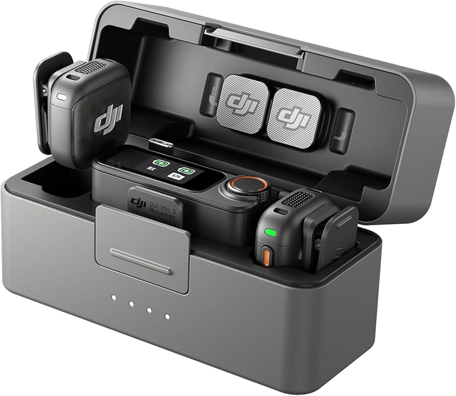 DJI device with charging station on a white background