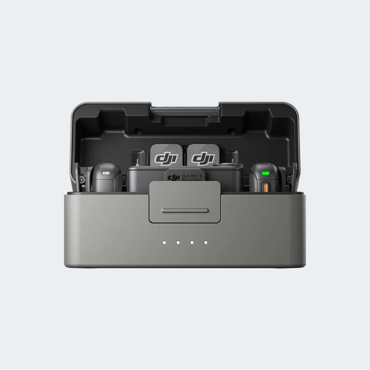 Gray battery charging station with DJI logo on a light gray background