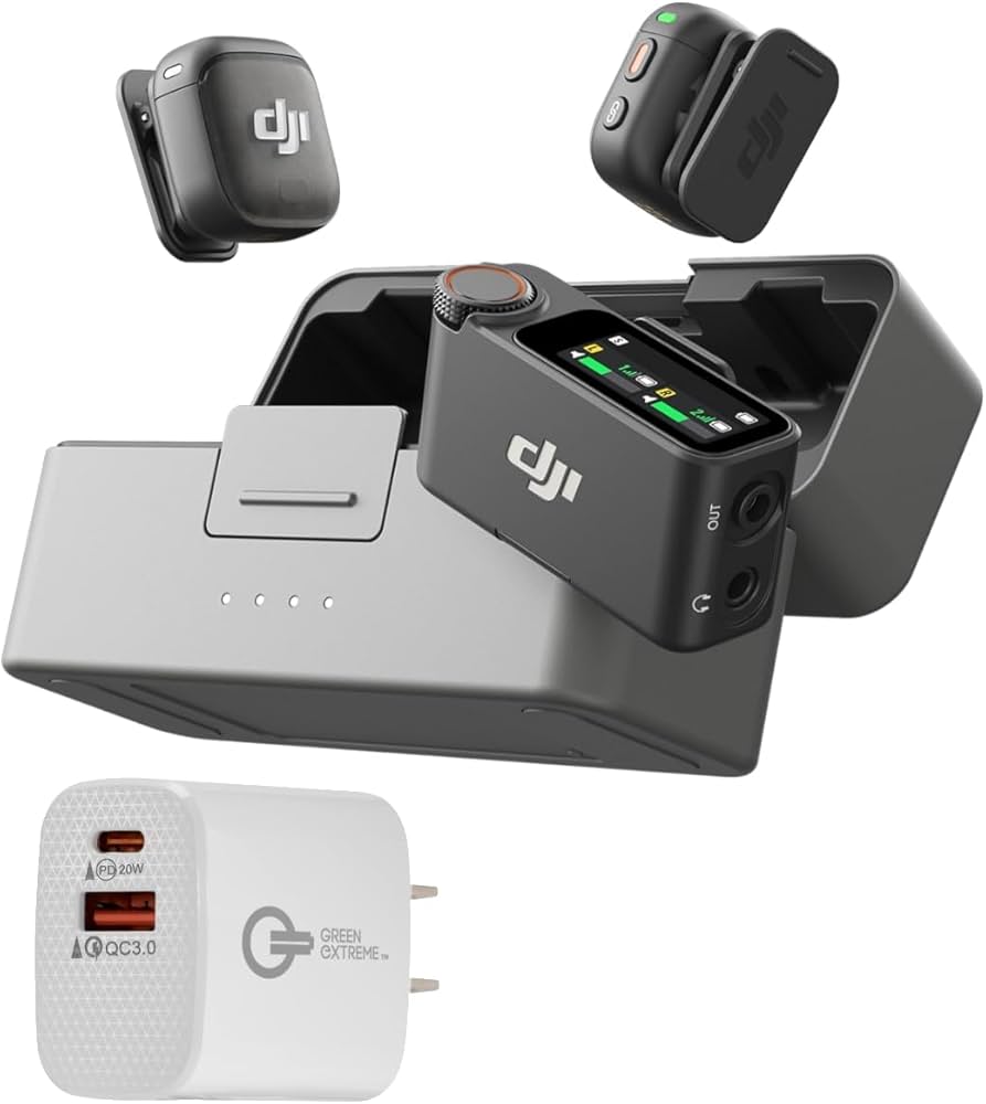DJI charging station with two remote controls and a power adapter on a white background