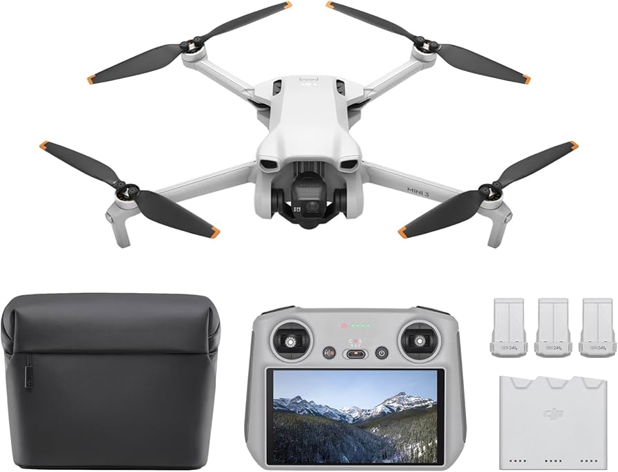 White drone with black propellers, black carrying case, remote control, and batteries on a white background