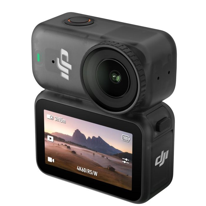 Action camera with screen displaying a mountain landscape on a white background