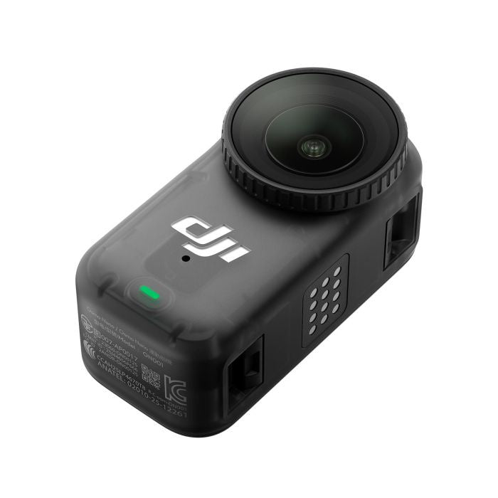 Black action camera with DJI logo on a white background