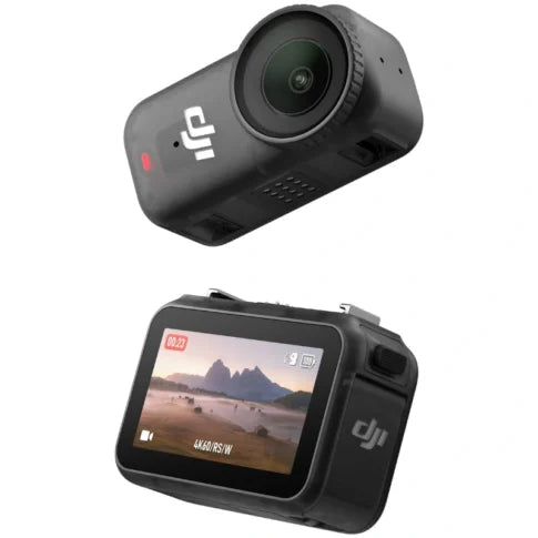 Two black action cameras with screens on a white background
