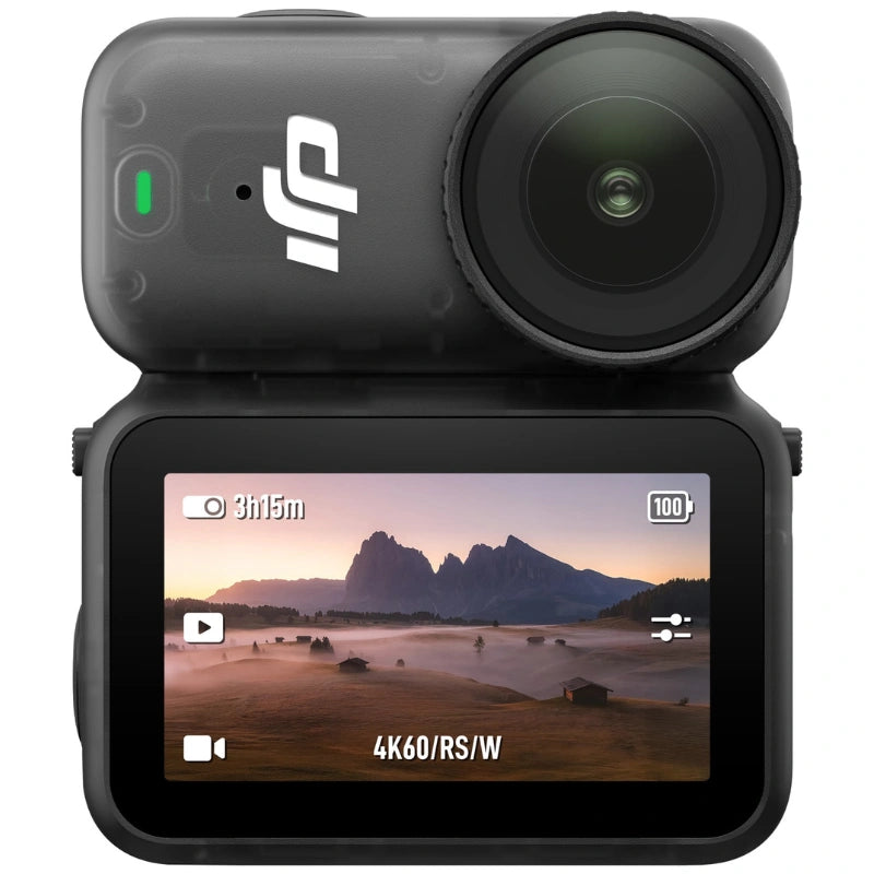 Action camera with screen displaying a mountain landscape on a white background